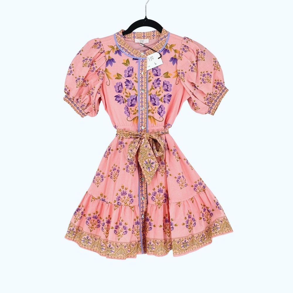 A Loves A New Girls Pastel Pink Floral Flare Cotton Puff Sleeve Swing Dress M